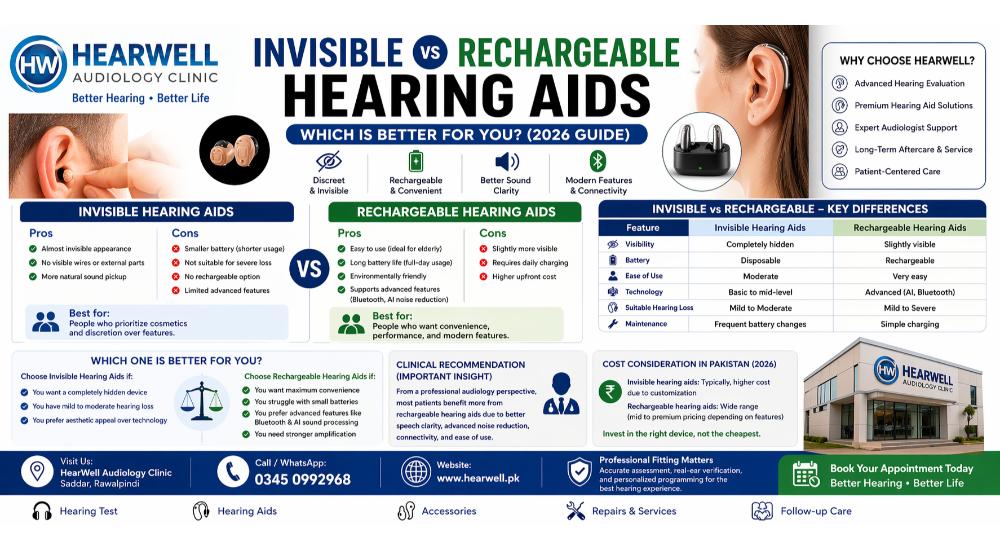 Invisible vs rechargeable hearing aids comparison infographic 2026 by HearWell Audiology Clinic Rawalpindi Islamabad